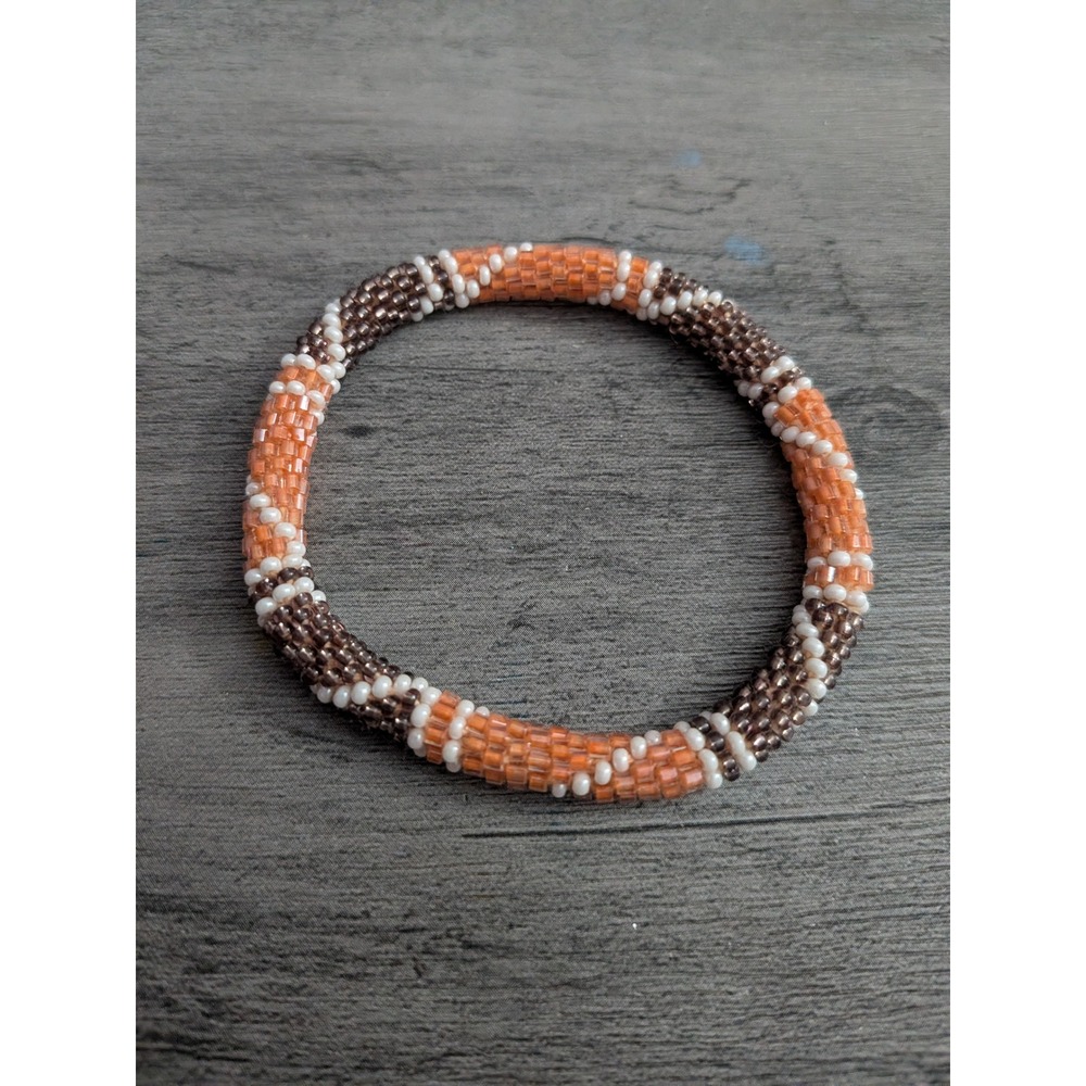 Handmade Glass Seed Bead Roll On Bracelet Orange Brown White Spiral Boho Bangle